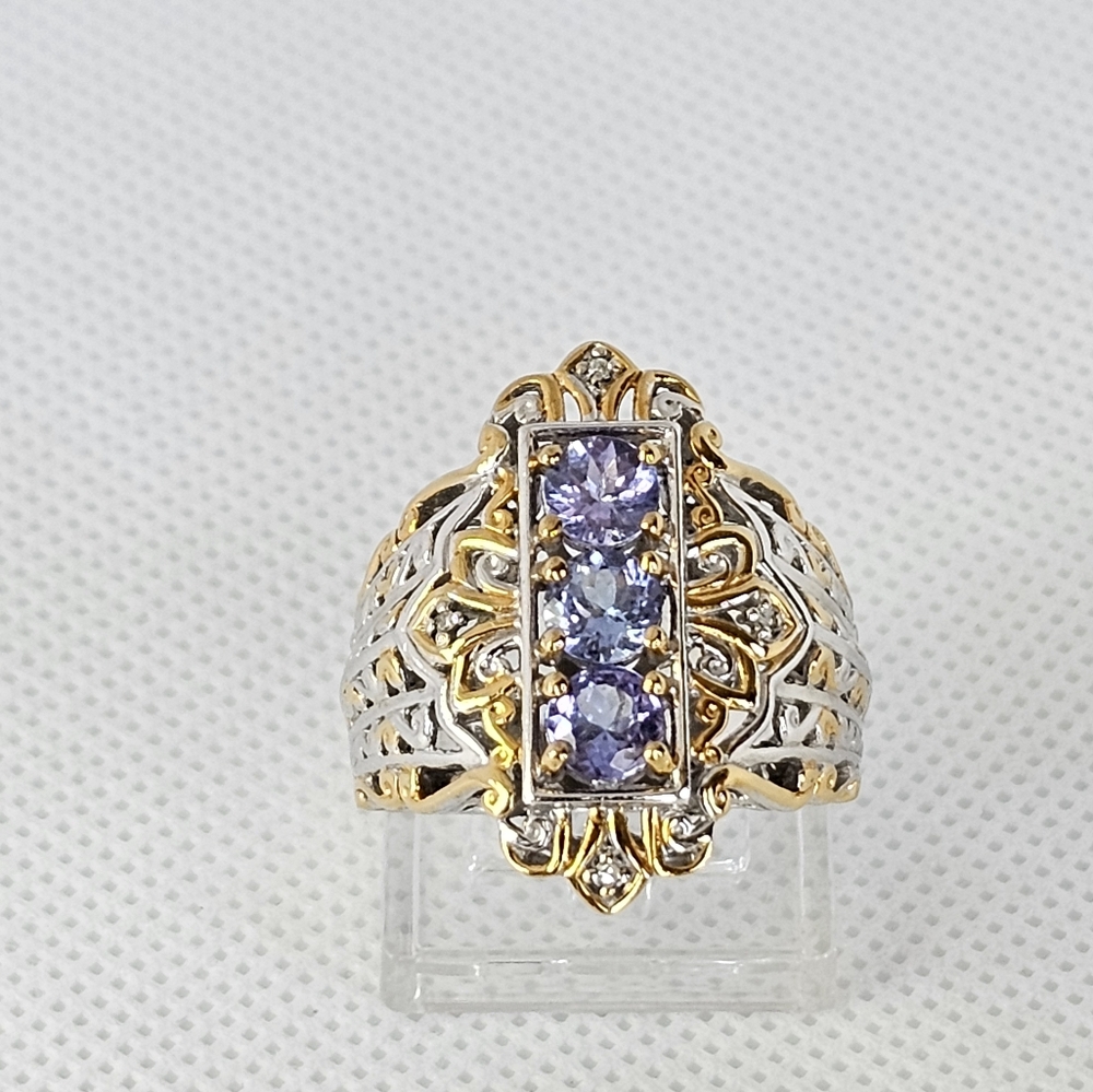 Natural Tanzanite Ring In Palladium & Sterling Silver 18k Size 8.5 - Picture 1 of 6